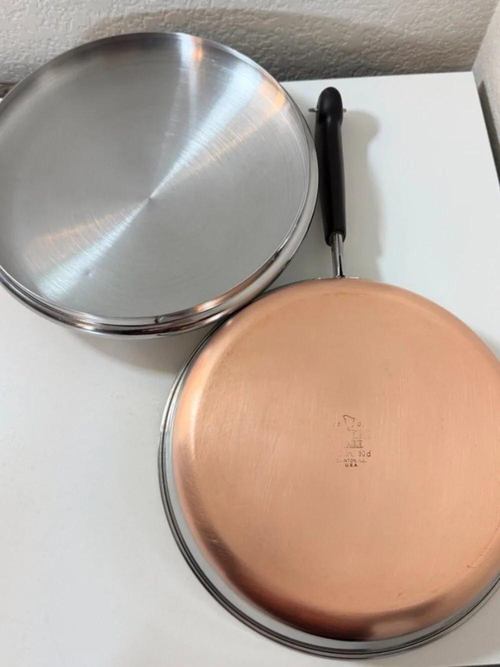 Vintage Revere Ware 10in -90d Skillet Frying Pan 1801 Copper Clad ILL USA w/ Lid